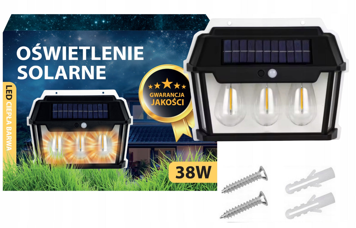 Lampa Solarna Latarnia Z Czujnikiem Zmierzchu Ruchu Elewacyjna Kinkiet 38W