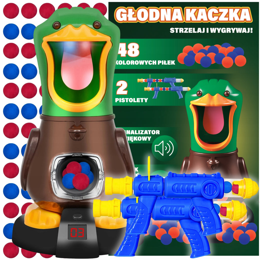 GŁODNA KACZKA STRZELANIE DO CELU 2 PISTOLETY 48 szt KULEK DLA DZIECI ZESTAW