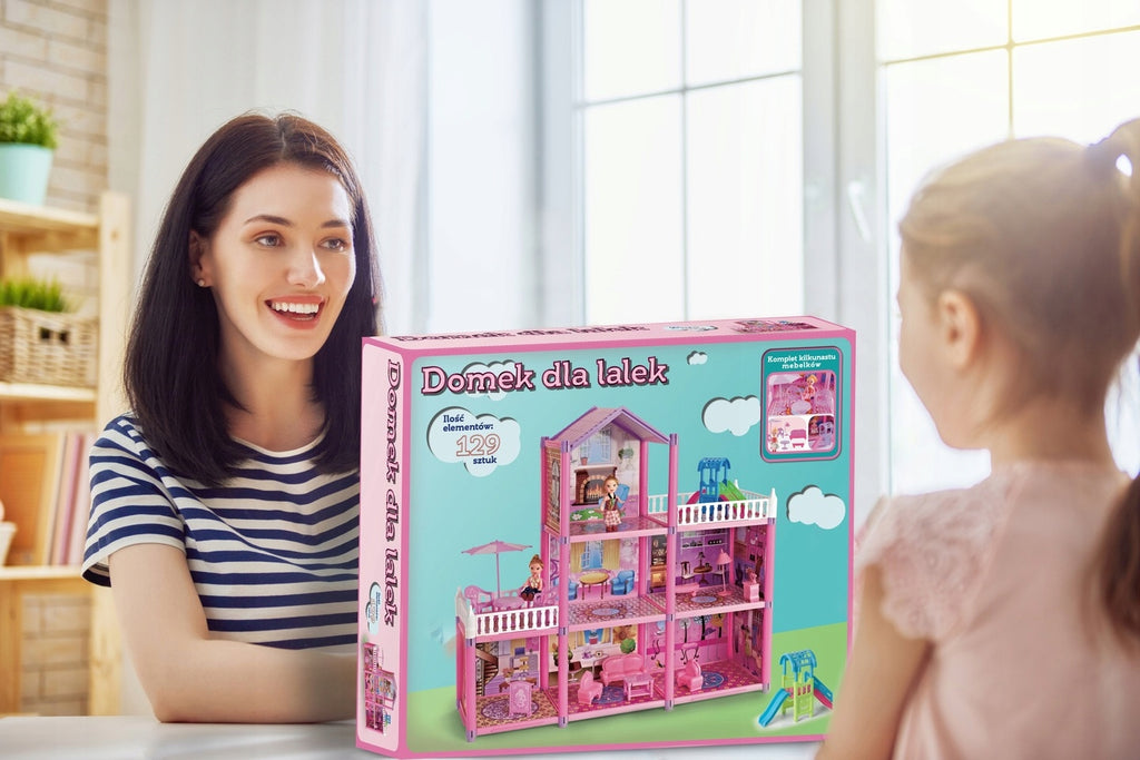 DOMEK DLA LALEK DUŻY MEBLE LALECZKI AKCESORIA PIĘTROWY 129 ELEMENTÓW