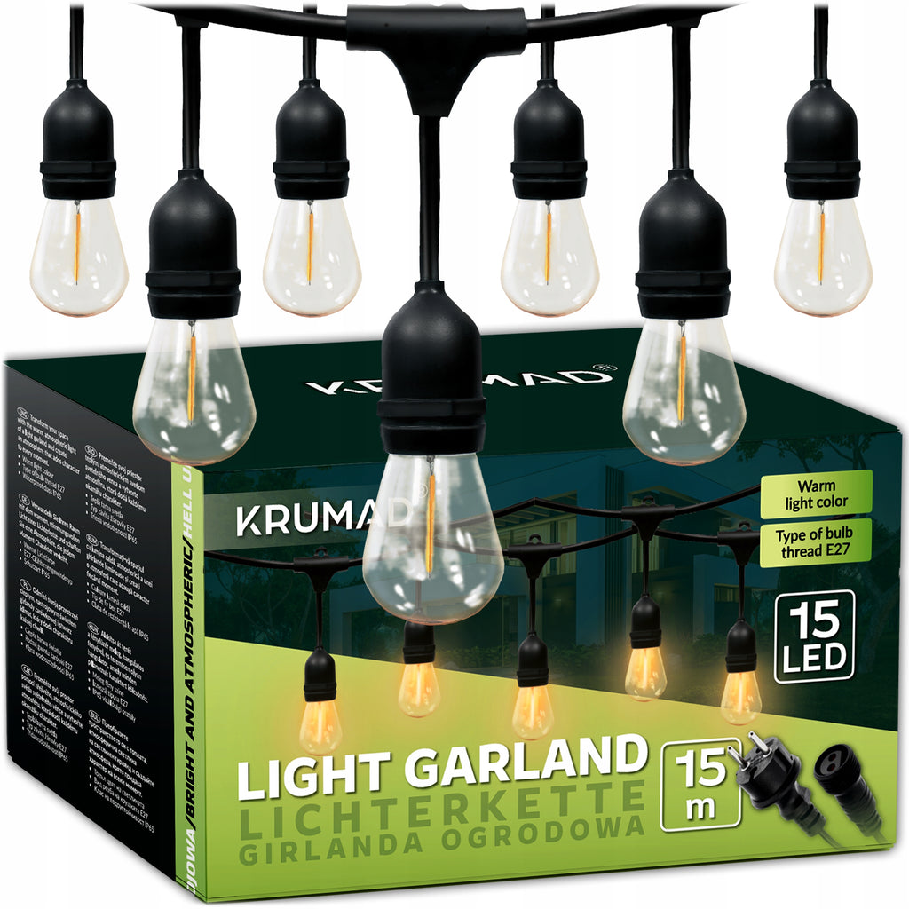 Girlanda Ogrodowa LED Świetlna Lampki Ogrodowe Łańcuch 15m x E27 Żarówka 1W