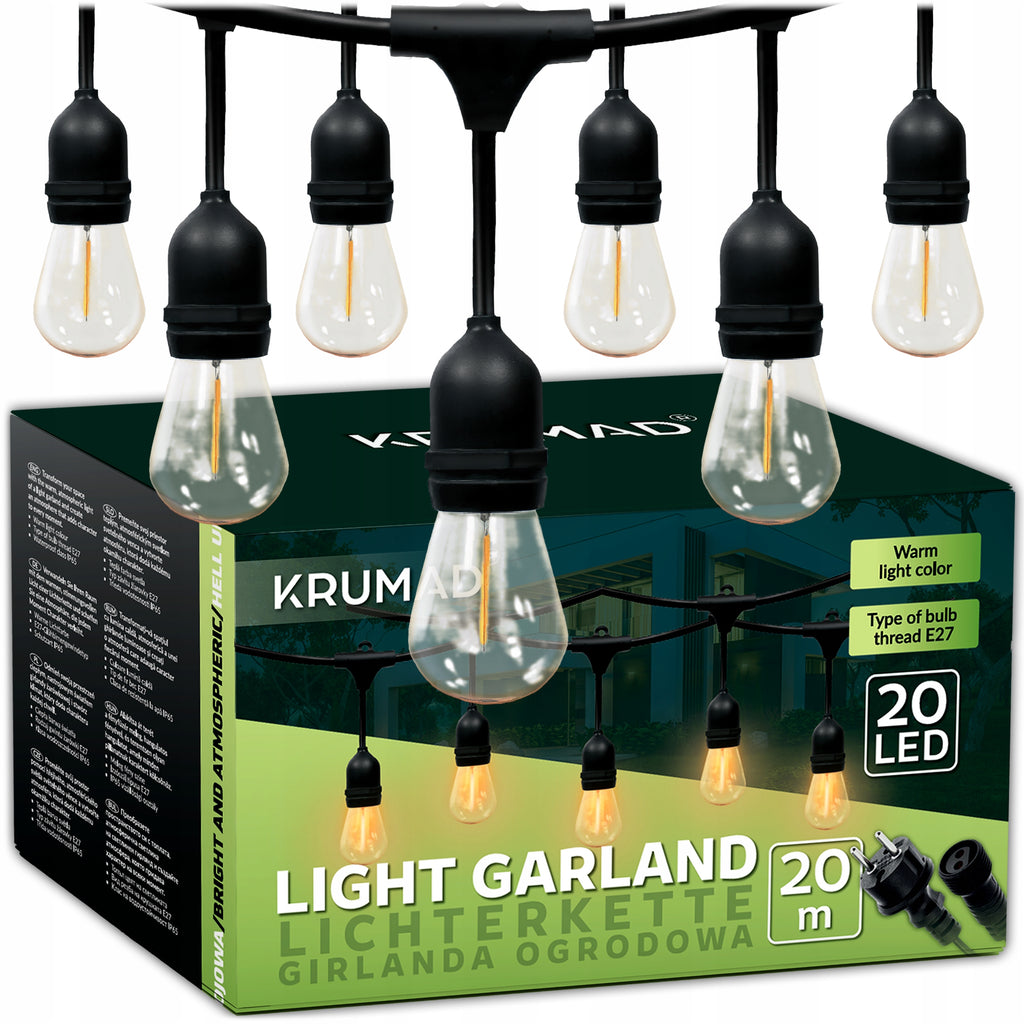Girlanda Ogrodowa LED Świetlna Lampki Ogrodowe Łańcuch 20m x E27 Żarówka 1W