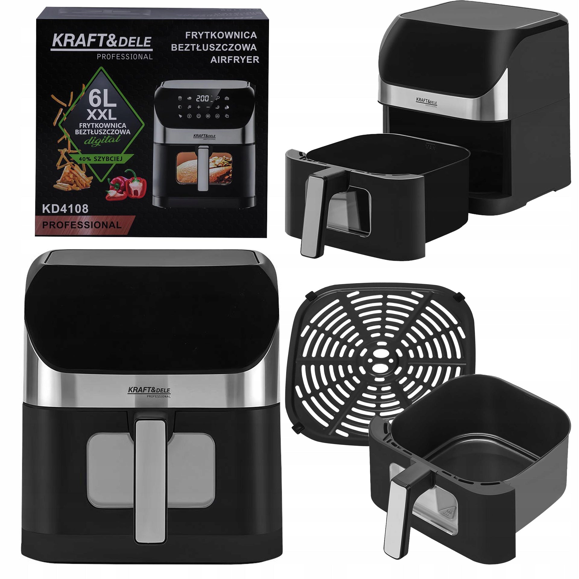 Frytkownica Beztłuszczowa LED AIRFRYER 6L 2000W XXL 10 Trybów Gotowania