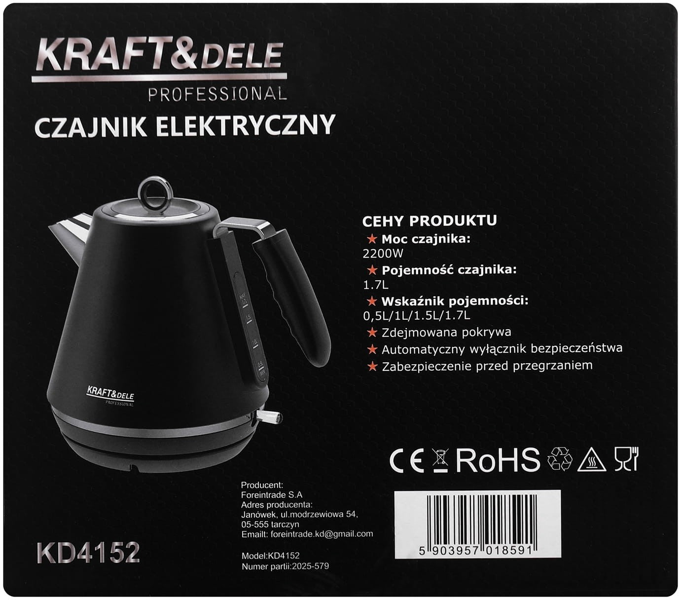 Czajnik Elektryczny 2200W 1,7L KD4152