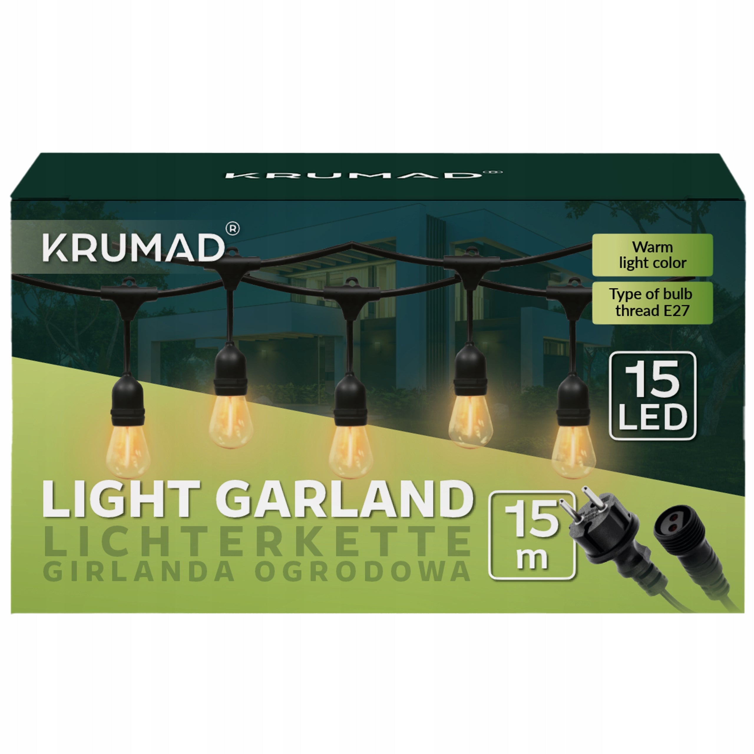 Girlanda Ogrodowa LED Świetlna Lampki Ogrodowe Łańcuch 15m x E27 Żarówka 1W