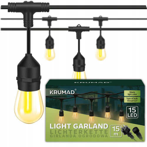 Girlanda Ogrodowa LED Świetlna Lampki Ogrodowe Łańcuch 15m x E27 Żarówka 1W