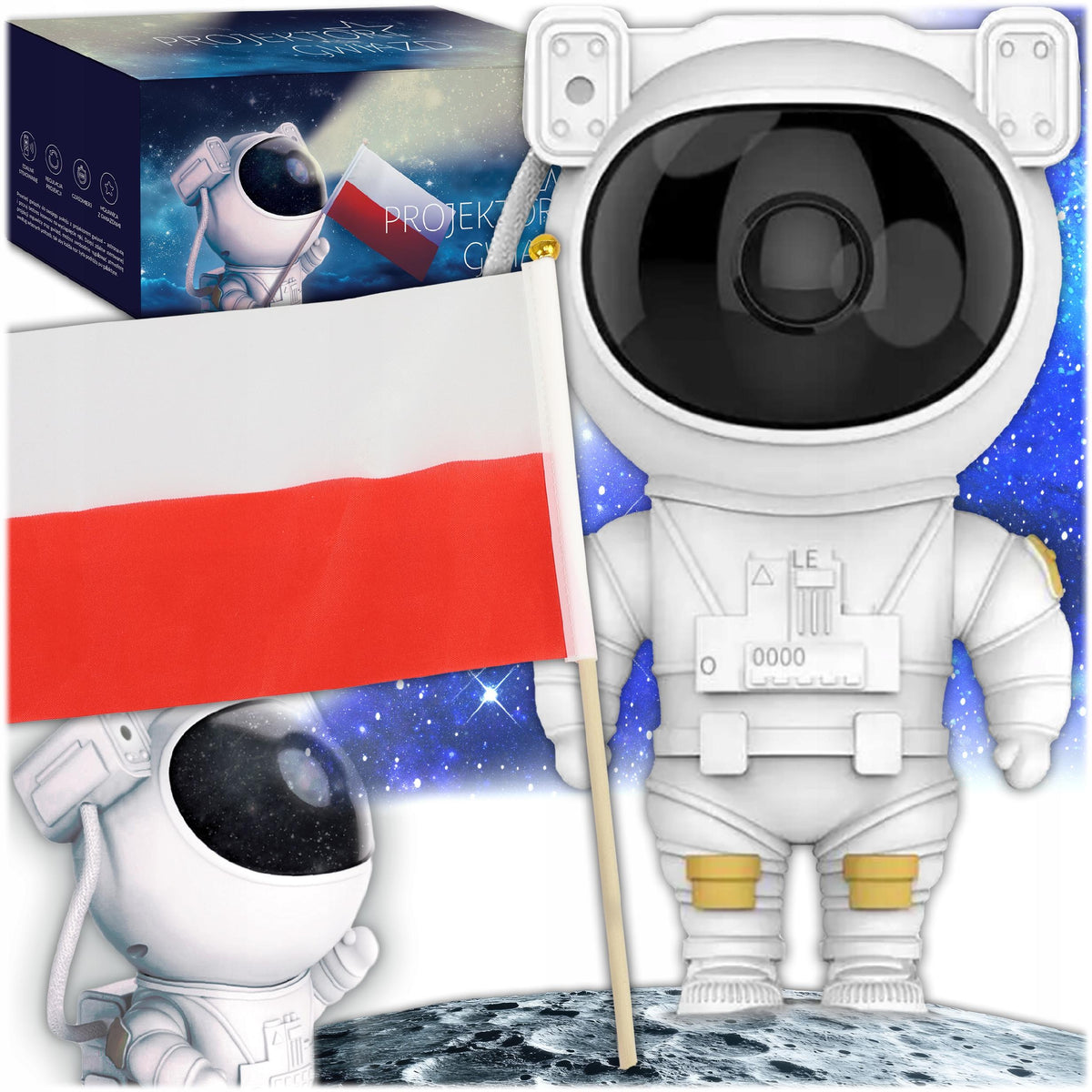 PROJEKTOR GWIAZD LAMPKA NOCNA LED ASTRONAUTA DLA DZIECI RZUTNIK PILOT 5 GEN