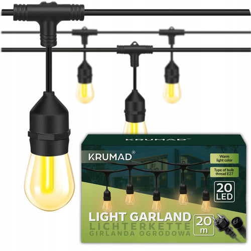 Girlanda Ogrodowa LED Świetlna Lampki Ogrodowe Łańcuch 20m x E27 Żarówka 1W