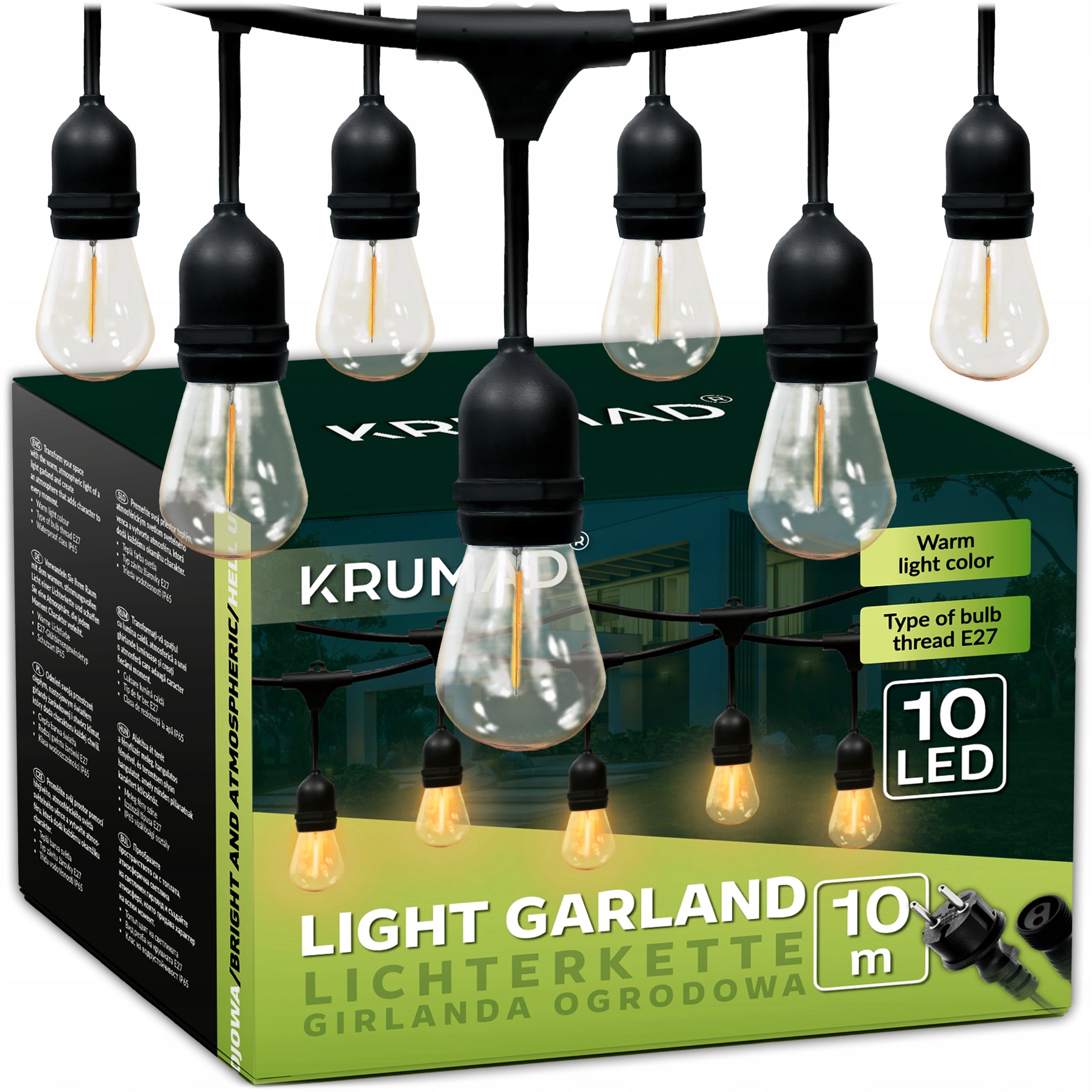 Girlanda Ogrodowa LED Świetlna Lampki Ogrodowe Łańcuch 10m xE27 Żarówka 1W