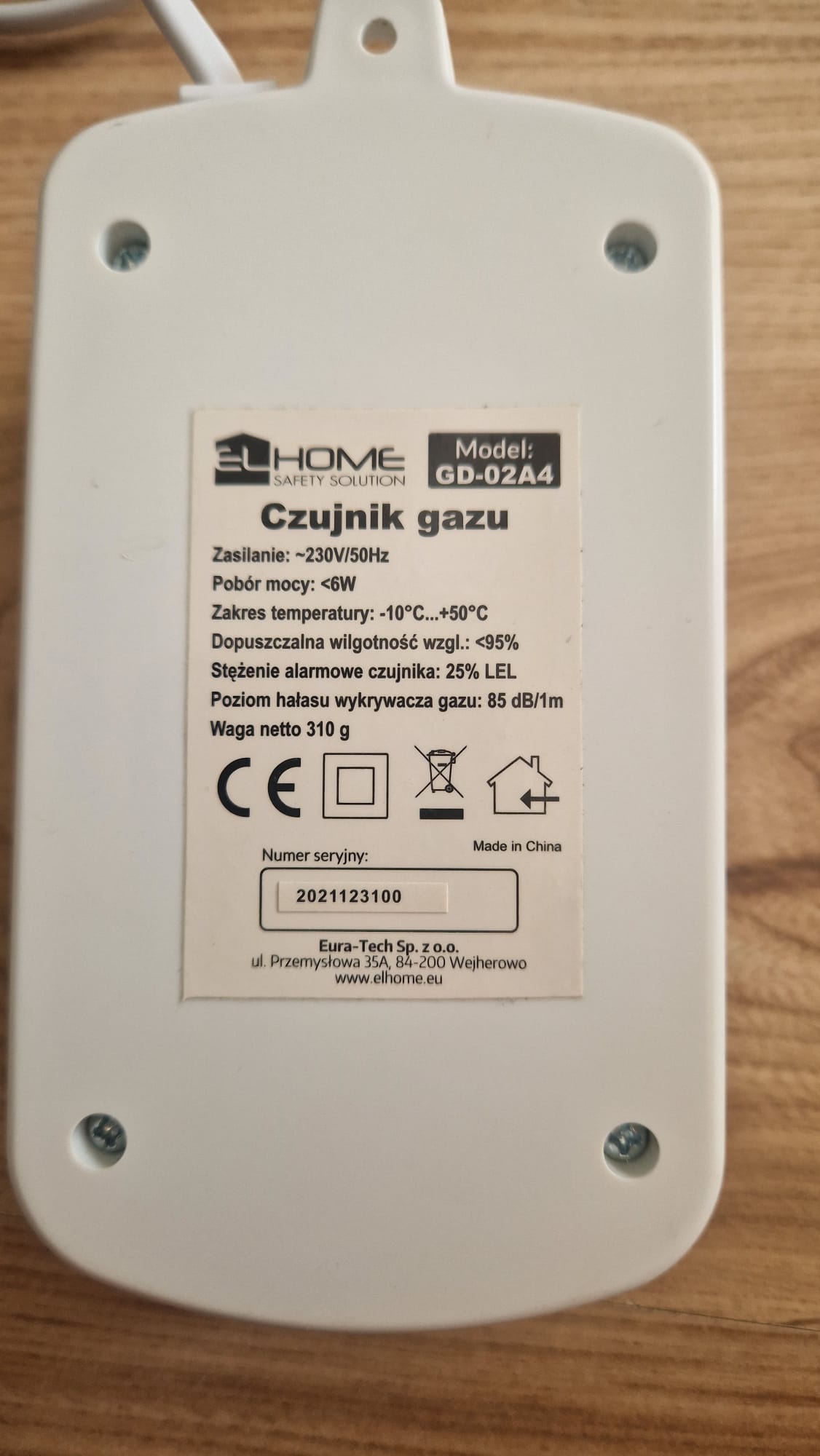 Domowy sieciowy czujnik gazu Elhome GD-02A4 Eura-Tech 230V