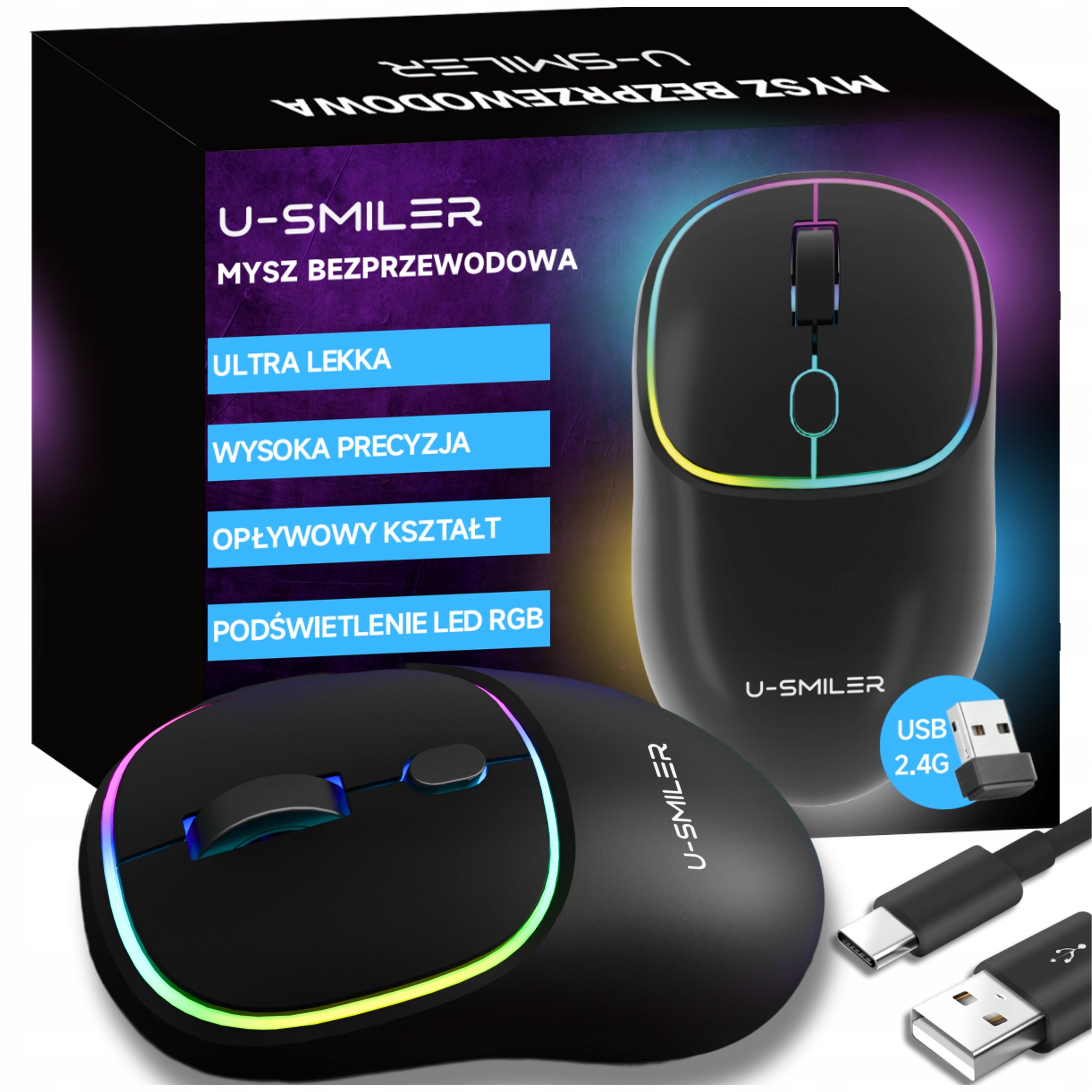 MYSZKA BEZPRZEWODOWA DO LAPTOPA MYSZ OPTYCZNA LED SLIM LEKKA CICHA U-SMILER