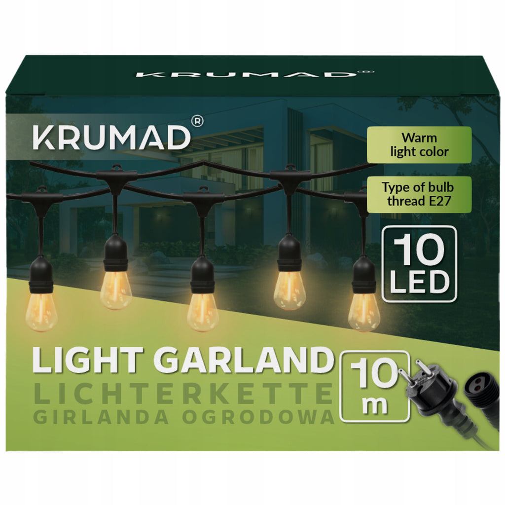 Girlanda Ogrodowa LED Świetlna Lampki Ogrodowe Łańcuch 10m xE27 Żarówka 1W