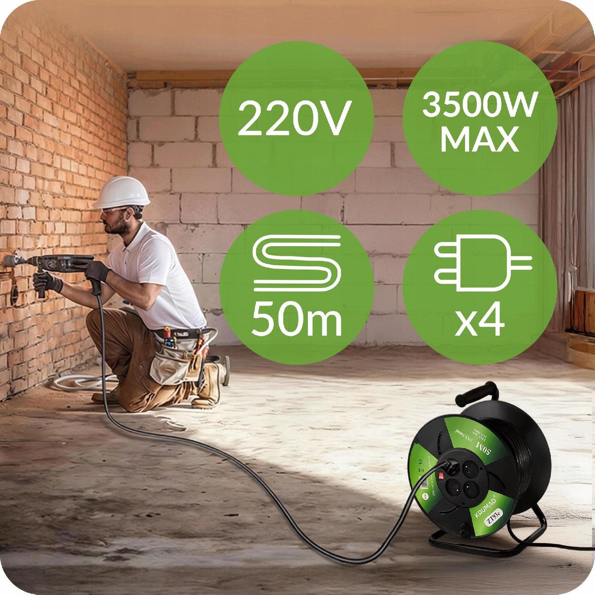 PRZEDŁUŻACZ BĘBNOWY OGRODOWY 50M BUDOWLANY 3×2,5 4 GNIAZDA 3500W BĘBEN