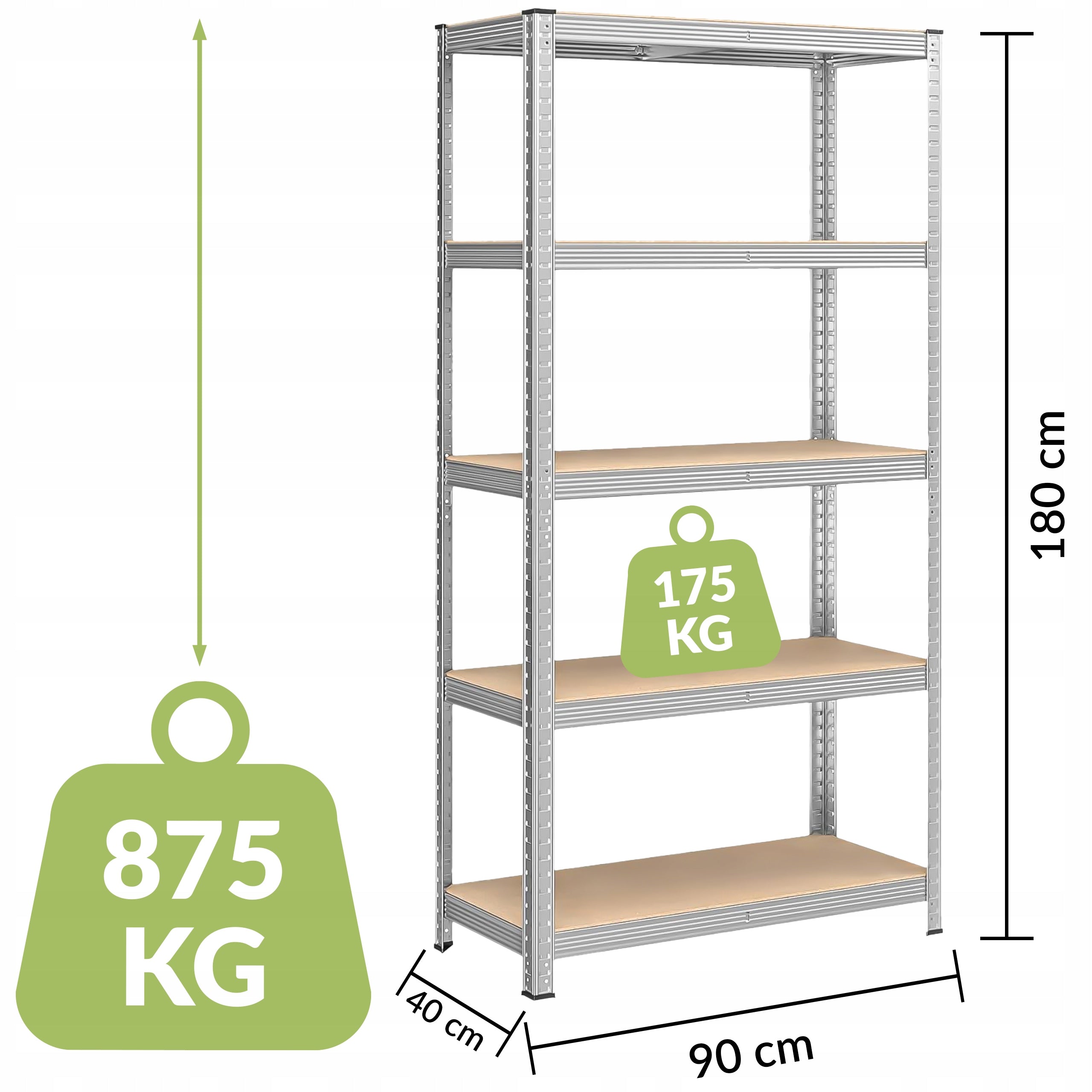 REGAŁ MAGAZYNOWY METALOWY DO GARAŻU PIWNICY 5 PÓŁEK 180x90x40 cm 875 kg