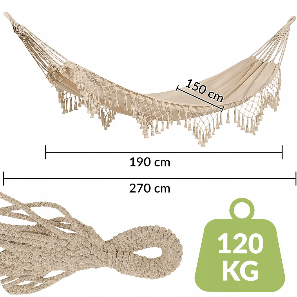 HAMAK OGRODOWY TURYSTYCZNY BOHO HUŚTAWKA MOCNY 150x190 120kg + LINKI TORBA