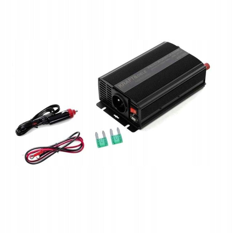 PRZETWORNICA NAPIĘCIA CZYSTA SINUSOIDA 12V 230V 300/600W KABLE BEZPIECZNIKI