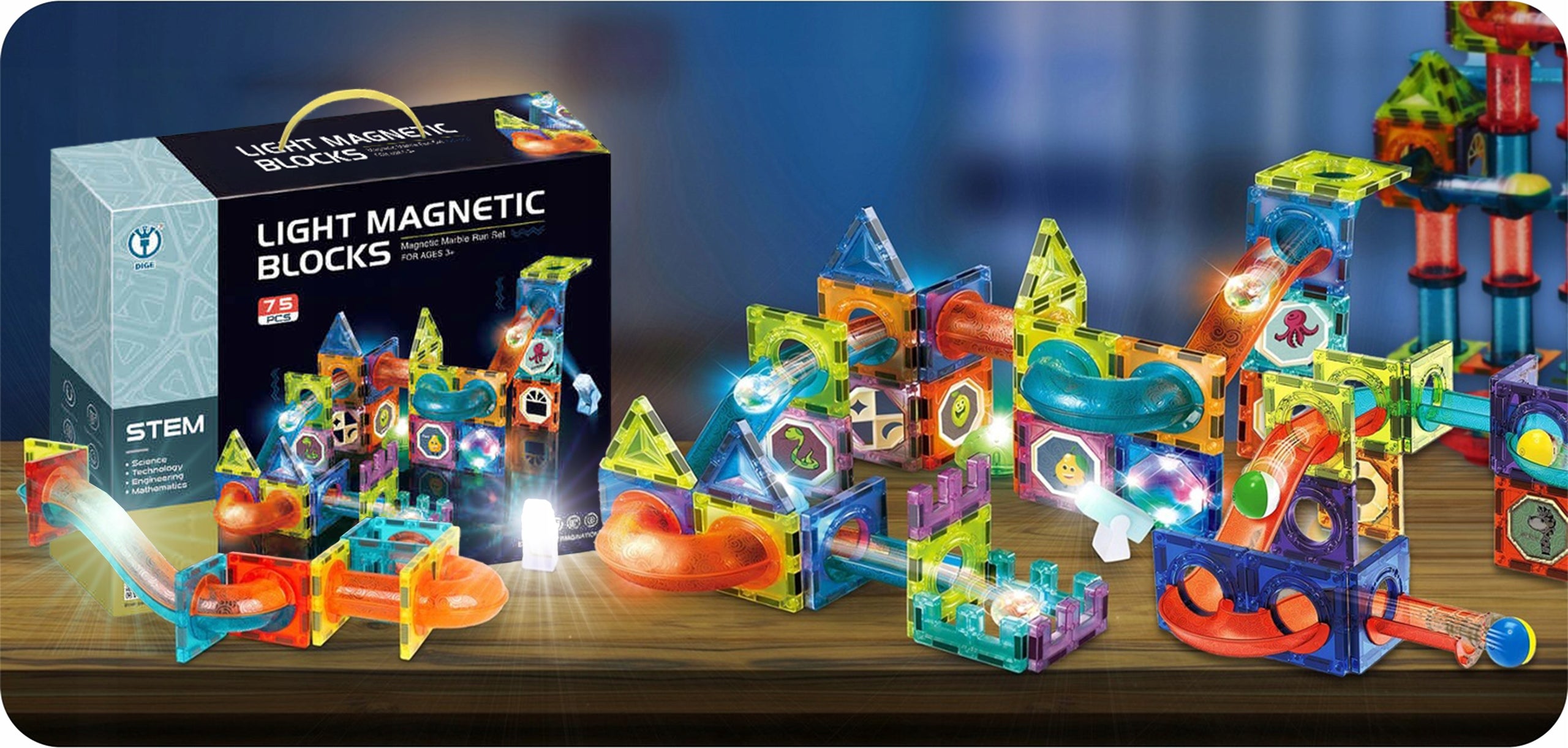 Klocki Magnetyczne Świecące Konstrukcyjne Edukacyjne Dla Dzieci Tor 75elem