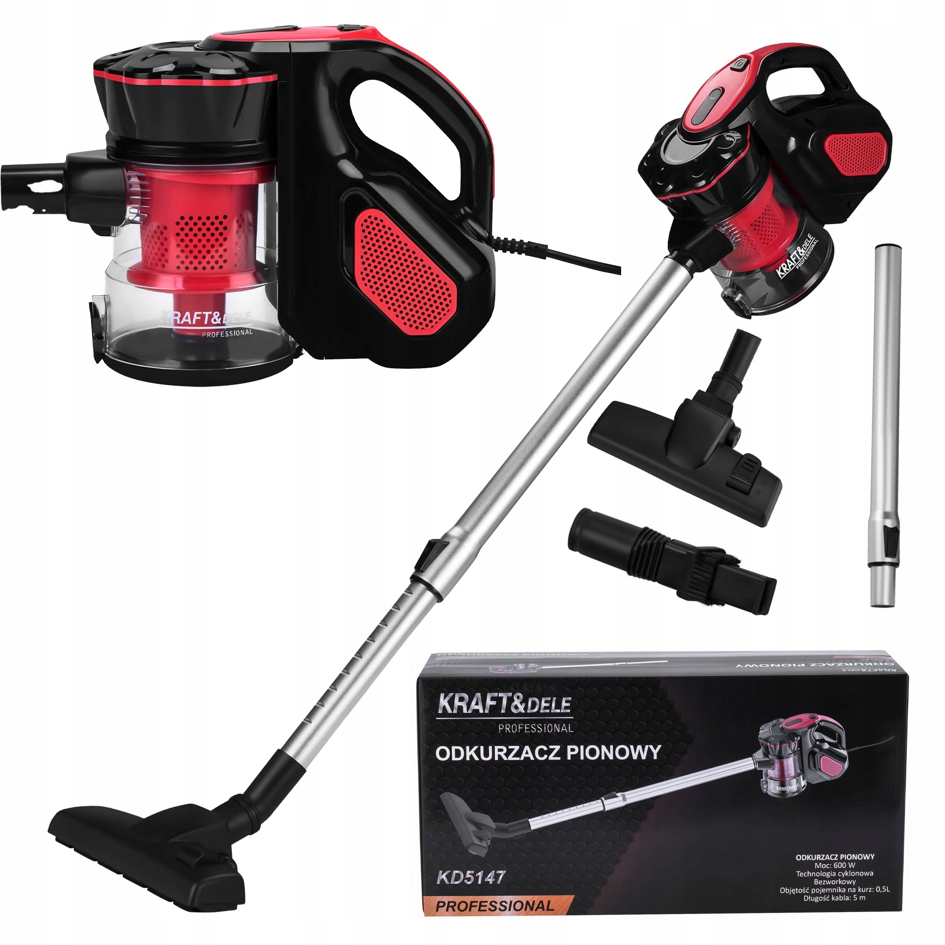 Odkurzacz Pionowy Przewodowy 2w1 5m 230V 600W 0,5 L Kraft&Dele