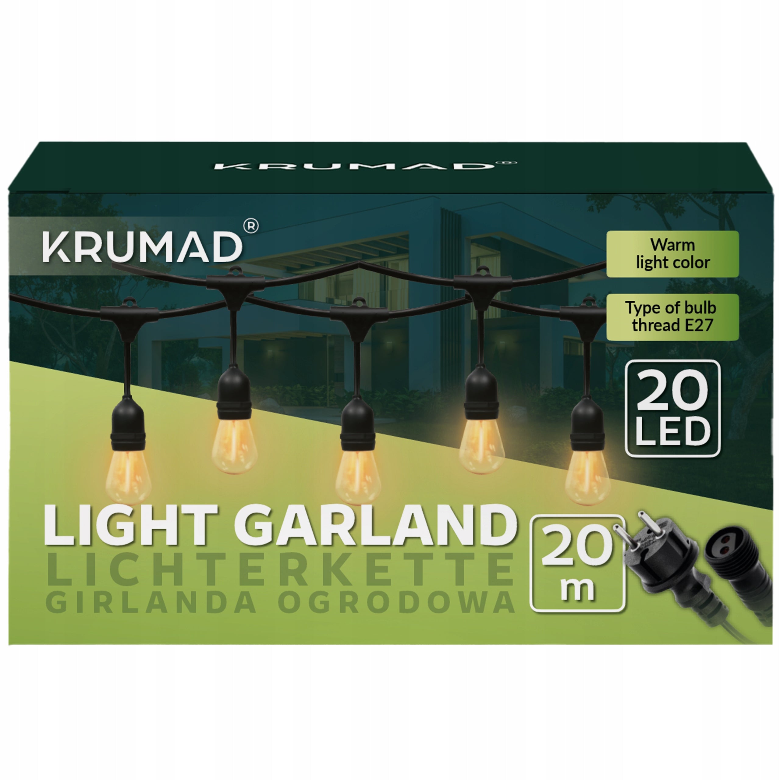 Girlanda Ogrodowa LED Świetlna Lampki Ogrodowe Łańcuch 20m x E27 Żarówka 1W