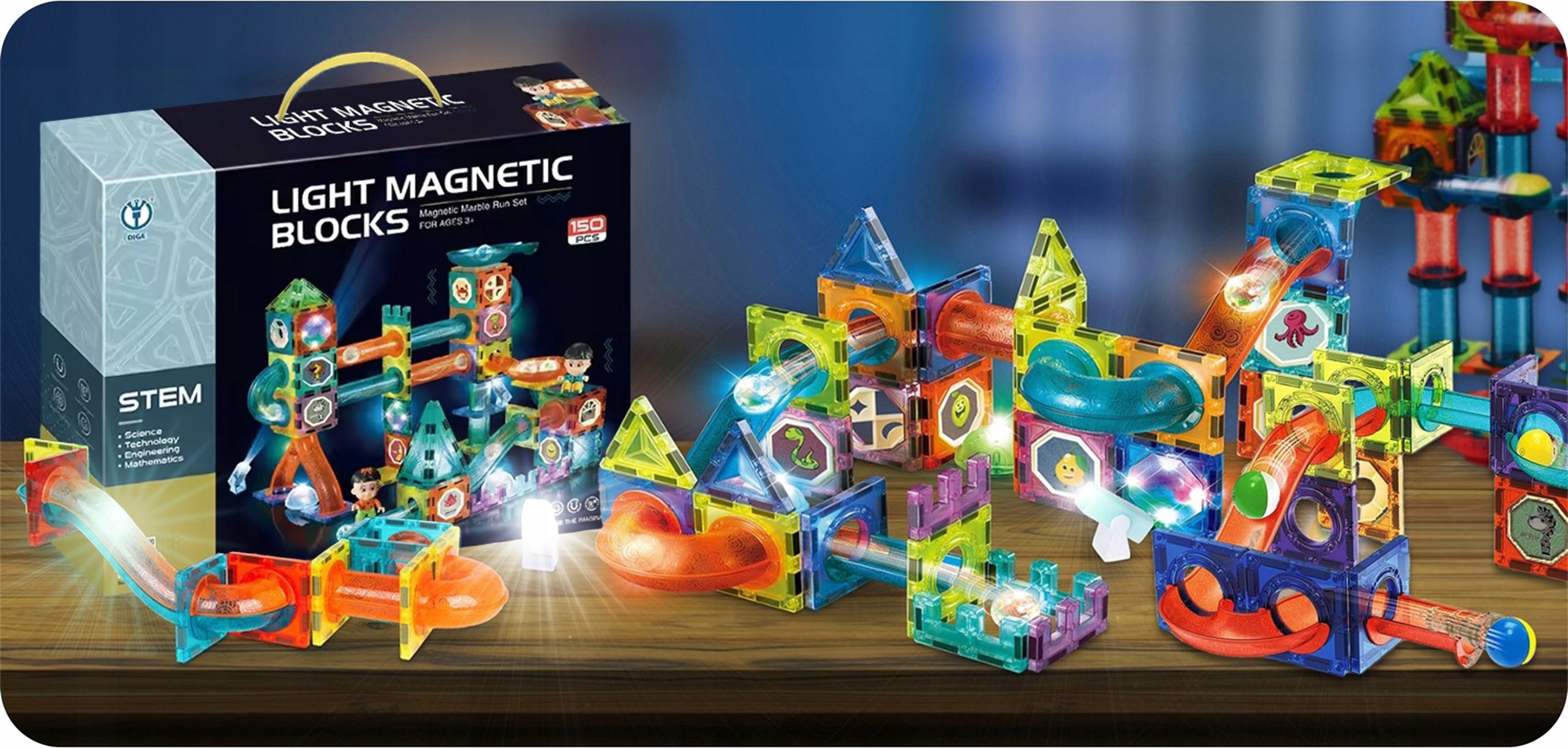 Klocki Magnetyczne Świecące Konstrukcyjne Edukacyjne Dla Dzieci Tor 150el